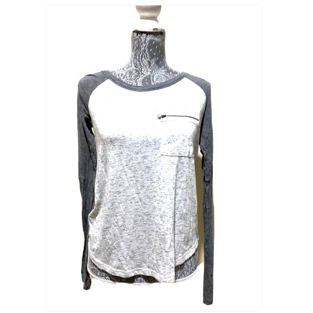 Forever 21 Womens XS Gray Raglan Baseball Tee Burnout Long Sleeve Zip Pocket Top